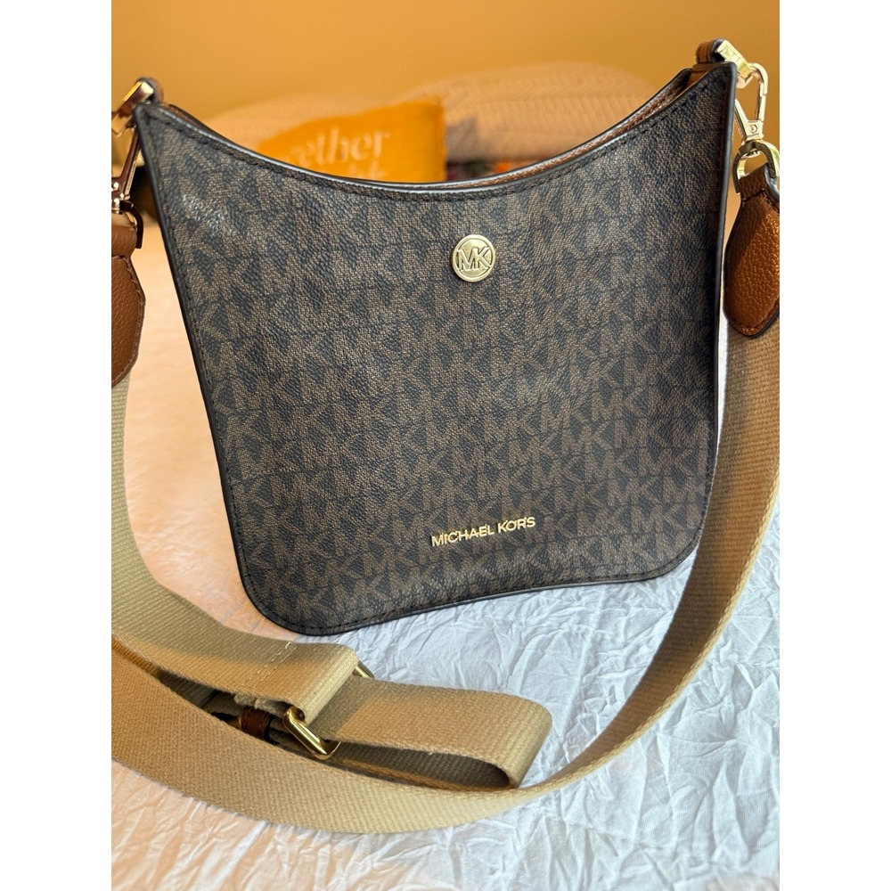 Michael Kors Brown MK Monogram Crossbody Bag Wide Strap Gold Hardware